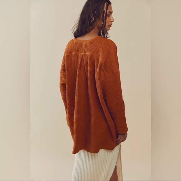 Free People Waffle Knit Oversized Button Front Cardi Tunic Copper - Picture 4 of 13